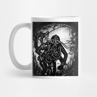 The steampunk diver explores an underground cave Mug